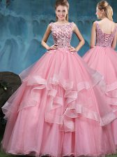 Glamorous Floor Length Baby Pink Sweet 16 Dresses Scoop Sleeveless Lace Up