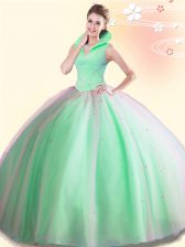 Sophisticated High-neck Sleeveless Tulle Quinceanera Gowns Beading Backless
