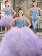 Attractive Three Piece Sweetheart Sleeveless Sweet 16 Dress Floor Length Beading and Ruffles Multi-color Tulle