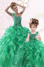  Floor Length Green Quinceanera Gowns One Shoulder Sleeveless Lace Up