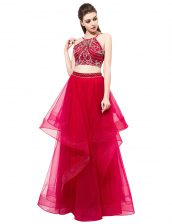 High-neck Sleeveless Prom Gown Floor Length Beading Red Organza
