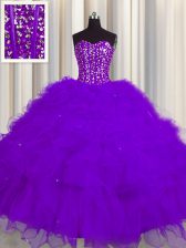  Visible Boning Sleeveless Lace Up Floor Length Beading and Ruffles and Sequins 15 Quinceanera Dress