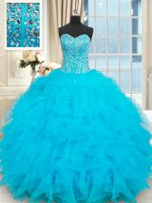 Inexpensive Sleeveless Floor Length Beading and Ruffles Lace Up Vestidos de Quinceanera with Baby Blue