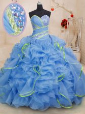 Colorful Blue Sleeveless With Train Beading and Ruffles Lace Up Quinceanera Dress