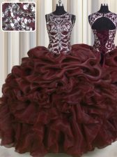  See Through Floor Length Burgundy 15 Quinceanera Dress Scoop Sleeveless Lace Up
