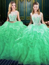 Flare Scoop Lace and Ruffles 15th Birthday Dress Green Lace Up Sleeveless Court Train