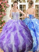 Pretty White and Purple Sleeveless Organza Lace Up Sweet 16 Dress for Military Ball and Sweet 16 and Quinceanera