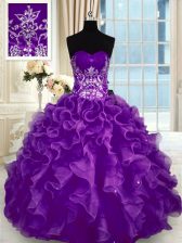 Edgy Sweetheart Sleeveless Vestidos de Quinceanera Floor Length Beading and Appliques and Ruffles Purple Organza