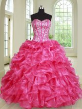 Inexpensive Floor Length Hot Pink 15 Quinceanera Dress Sweetheart Sleeveless Lace Up