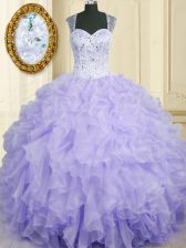 Fabulous Lavender Organza Lace Up Quinceanera Dresses Sleeveless Floor Length Beading and Ruffles
