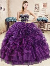Admirable Purple Sweetheart Lace Up Beading and Ruffles Ball Gown Prom Dress Sleeveless