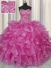 Exquisite Visible Boning Sleeveless Floor Length Beading and Ruffles Lace Up 15th Birthday Dress with Fuchsia