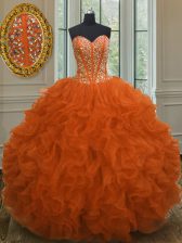 Extravagant Floor Length Lace Up Quince Ball Gowns Orange Red for Military Ball and Sweet 16 and Quinceanera with Beading and Ruffles