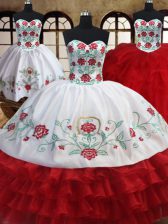 Delicate Three Piece Sleeveless Lace Up Floor Length Embroidery and Ruffled Layers Quinceanera Dress
