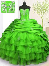 Hot Sale Green Lace Up Quinceanera Dresses Beading and Appliques and Ruffled Layers and Pick Ups Sleeveless With Brush Train