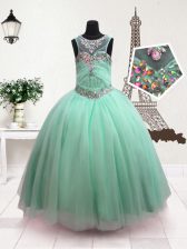  Turquoise Organza Zipper Scoop Sleeveless Floor Length Little Girls Pageant Dress Beading