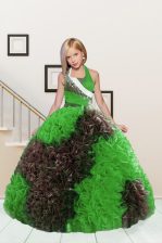 On Sale Halter Top Sleeveless Floor Length Beading and Ruffles Lace Up Kids Pageant Dress with Apple Green and Chocolate