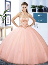  Tulle Halter Top Sleeveless Lace Up Embroidery Ball Gown Prom Dress in Peach