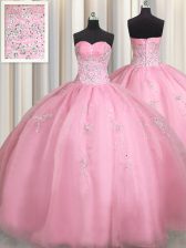 High End Ball Gowns Quinceanera Gowns Rose Pink Sweetheart Organza Sleeveless Floor Length Zipper