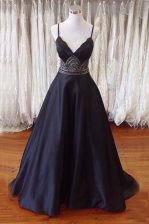 Delicate With Train Black Prom Dress Spaghetti Straps Sleeveless Sweep Train Backless