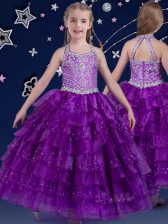 Great Halter Top Sleeveless Zipper Floor Length Beading and Ruffled Layers Little Girls Pageant Gowns