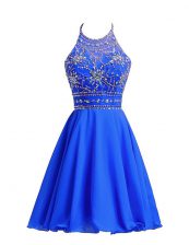  Royal Blue A-line Halter Top Sleeveless Chiffon Knee Length Zipper Beading Prom Dresses