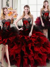  Four Piece Black and Red Ball Gowns Sweetheart Sleeveless Organza and Tulle Floor Length Lace Up Beading and Ruffles and Hand Made Flower 15 Quinceanera Dress