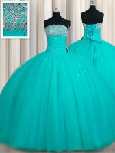  Aqua Blue Sleeveless Beading and Sequins Floor Length Quinceanera Dress