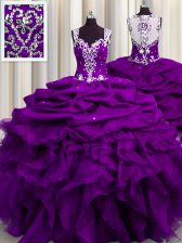  Sequins See Through Back Straps Sleeveless Zipper Sweet 16 Quinceanera Dress Purple Organza