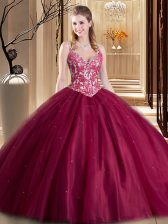 Great Sleeveless Tulle Floor Length Lace Up Ball Gown Prom Dress in Burgundy with Beading and Lace and Appliques