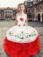 Simple White and Red Organza and Taffeta Lace Up Spaghetti Straps Sleeveless Floor Length Pageant Gowns For Girls Beading and Appliques and Ruffles