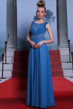 Great Scoop Beading and Ruching Prom Dresses Blue Side Zipper Sleeveless Floor Length