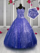  Blue Sleeveless Beading and Sequins Floor Length Little Girls Pageant Gowns