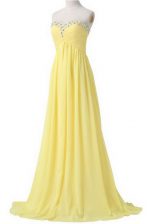 Unique Sweetheart Sleeveless Brush Train Lace Up Dress for Prom Light Yellow Chiffon