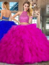 Colorful Tulle Halter Top Sleeveless Brush Train Backless Beading and Ruffles 15 Quinceanera Dress in Fuchsia