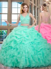 Luxury Organza V-neck Sleeveless Zipper Beading and Ruffles and Pick Ups Quinceanera Dress in Apple Green