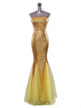 Fancy Mermaid Sleeveless Floor Length Sequins Zipper Prom Party Dress with Gold