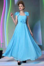Dynamic Chiffon Cap Sleeves Floor Length Evening Dress and Beading and Hand Made Flower
