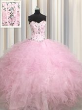 Amazing Visible Boning Beading and Appliques and Ruffles 15th Birthday Dress Baby Pink Lace Up Sleeveless Floor Length