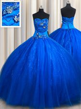 Pretty Sleeveless Floor Length Beading and Appliques Lace Up Quince Ball Gowns with Royal Blue