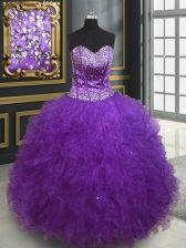  Sleeveless Floor Length Beading and Ruffles Lace Up 15th Birthday Dress with Eggplant Purple