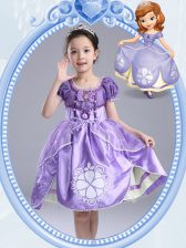 Flare Scoop Lavender Short Sleeves Beading and Pattern and Bowknot Knee Length Flower Girl Dresses