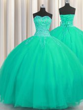  Really Puffy Turquoise Ball Gowns Tulle Sweetheart Sleeveless Beading Floor Length Lace Up Ball Gown Prom Dress