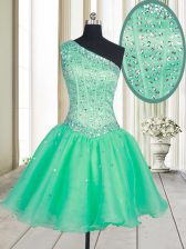 Deluxe Turquoise Lace Up One Shoulder Beading Prom Evening Gown Organza Sleeveless
