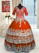 Pretty Beading and Appliques and Ruffles 15th Birthday Dress Orange Red Zipper Half Sleeves Floor Length