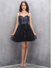  Black A-line Sequins Prom Gown Lace Up Tulle Sleeveless Mini Length