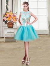 Affordable See Through Ball Gowns Evening Dress Aqua Blue Scoop Organza Sleeveless Mini Length Zipper