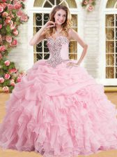  Sleeveless Floor Length Appliques and Ruffles and Pick Ups Lace Up 15th Birthday Dress with Baby Pink