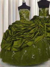  Embroidery Olive Green Ball Gowns Beading and Appliques and Pick Ups Sweet 16 Dresses Lace Up Taffeta Sleeveless Floor Length