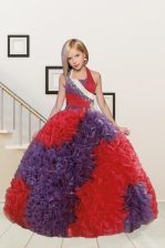  Halter Top Red and Purple Ball Gowns Beading and Ruffles Child Pageant Dress Lace Up Fabric With Rolling Flowers Sleeveless Floor Length